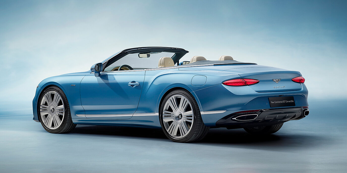 JCT600 Limited New Bentley Continental GTC Azure convertible rear view in Light Windsor blue paint with 22 inch ten spoke wheels and chrome exterior details