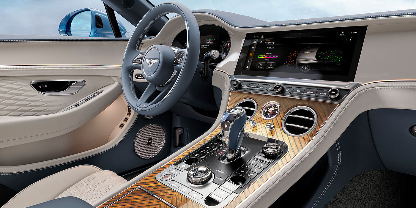 JCT600 Limited New Bentley Continental GTC Azure convertible interior front cabin view with Linen and Brunel hides and Piano Linen by Mulliner veneer featuring centre console and centre MMI screen